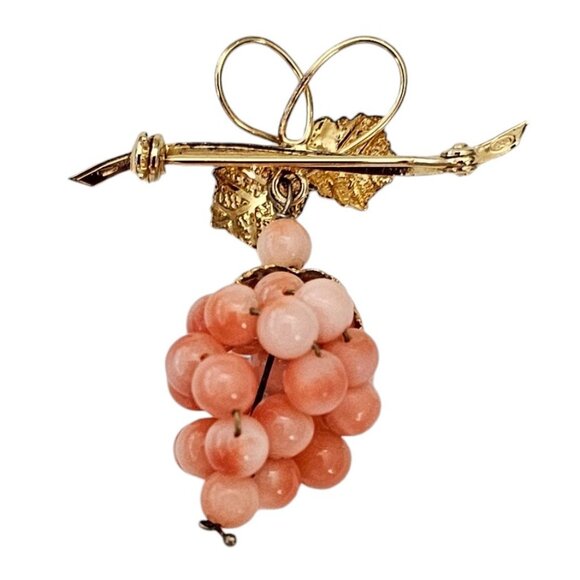 Glass Coral Bead Grape Cluster Brooch, Vermeil 800 Silver Vine Dangle Pin L532 - Picture 5 of 8